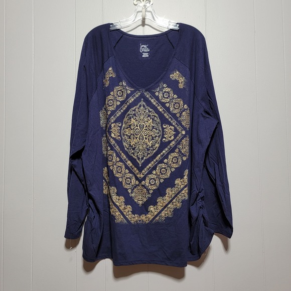 Just My Size Tops - JMS Just My Size by Hanes Navy Blue Gold Medallion Ruched Side Tunic Top 5X